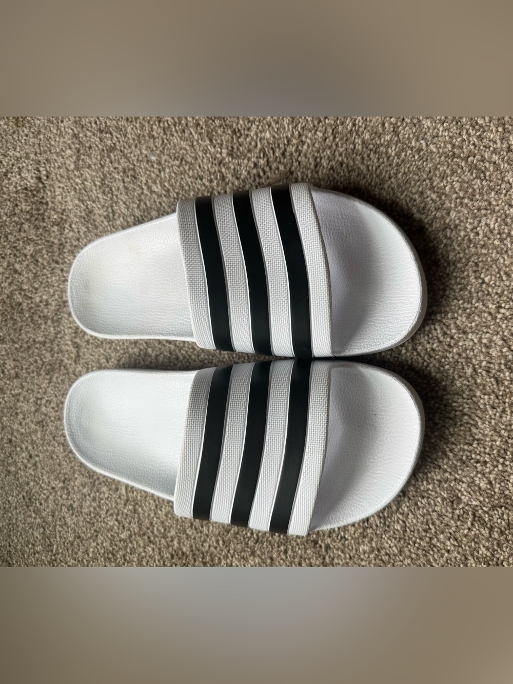 Adidas White and Black Adilette Slide Sandals - Classic Three-Stripe Desig